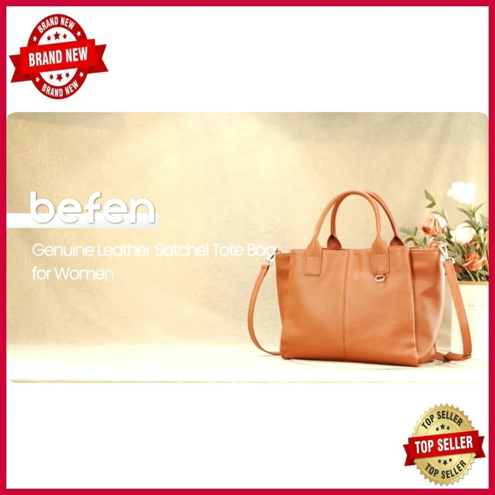 Genuine Leather Satchel Tote with Triple Pockets, Adjustable Crossbody Strap